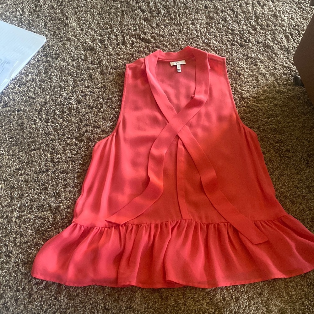 Sleeveless pink coral top/camisole, size S, ruffles and collar knot